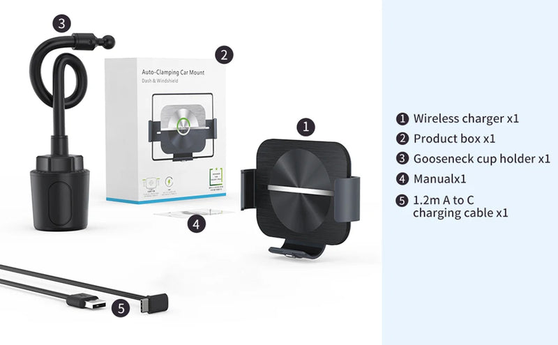 Wireless Car Charger Mount Dual Coils Fast Charging Auto Clamping